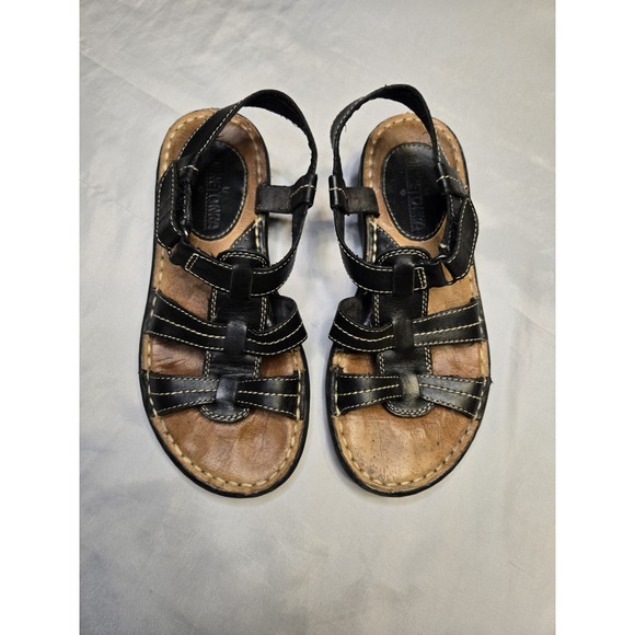 Minnetonka Shoes - Minnetonka Womens 7.5 Black Brown Leather Sandals Slingback Adj Closure Comfort